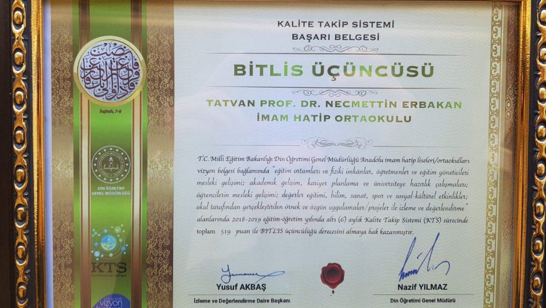 İlçemiz  Okulları  Prof.  Dr. Necmettin Erbakan İmam Hatip Ortaokulu'ndan    ( KTS )  Kalite Aylık Takip  Sisteminde  Bitlis 3. lüğü 